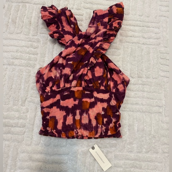 Anthropologie Ruched Ruffle Halter Top in Purple Multi - Picture 3 of 6